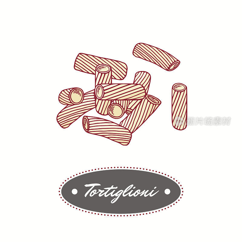 Hand drawn pasta tortiglioni - tortellini isolated on white. Element for restaurant or food package design